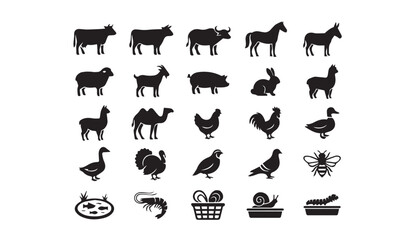 Naklejka premium Farm animals and livestock silhouette icon set with livestock, agriculture