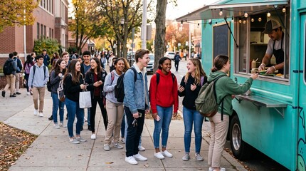 Obraz premium Diverse group of happy students in line for a food truck outside a school building during autumn
