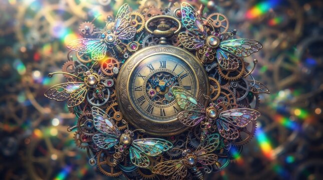 Steampunk clock with mechanical butterflies and gears