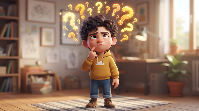 Confused Cartoon Boy Thinking with Glowing Question Marks in a Study Room