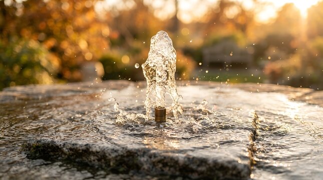 Water fountain splashing in natural sunlight. Golden hour outdoor water feature with vibrant reflections.