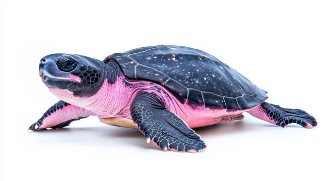 Vibrant turtle with unique pink and black shell, showcasing intricate patterns and textures, rests gracefully on white background
