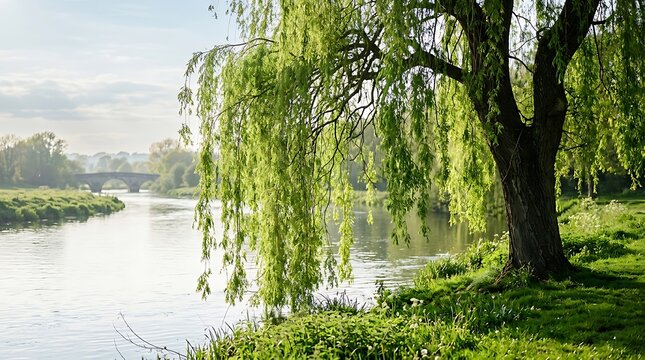 Serene weeping willow tree by tranquil river. Lush green foliage reflecting peaceful waters in natural landscape.