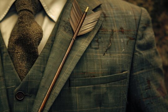 Stylish man's plaid tweed suit with an arrow piercing the lapel, symbolizing an unexpected attack