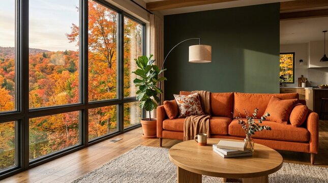 Cozy modern living room with large window autumn landscape comfortable seating and elegant interior design creating warm seasonal home atmosphere concept
