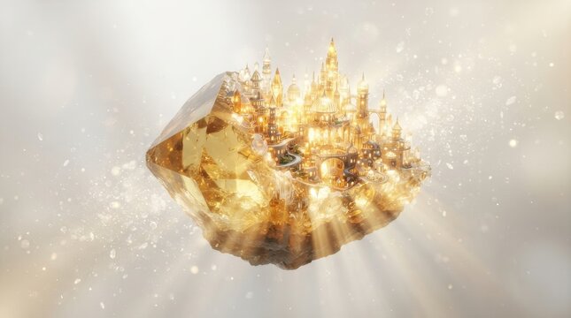 Fantasy golden castle built on a large glowing crystal