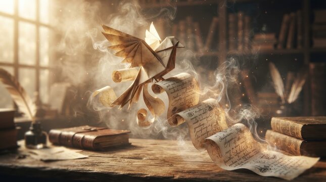 Origami bird made of parchment paper flying in library