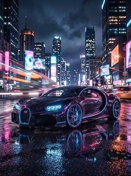 Sleek black futuristic sports car parked on wet street with glowing neon lights and modern city skyline background, representing luxury, speed, technology and automotive design innovation.