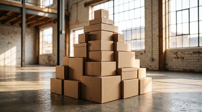 Large pyramid shaped stack of cardboard boxes arranged inside bright industrial loft with big windows, representing shipping, moving, storage and modern logistics warehouse business concept.