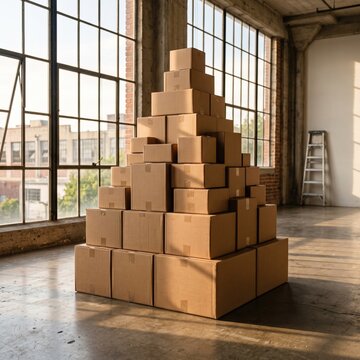 Large pyramid shaped stack of cardboard boxes arranged inside bright industrial loft with big windows, representing shipping, moving, storage and modern logistics warehouse business concept.