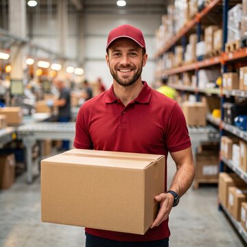 Confident warehouse employee in red cap and polo shirt holding cardboard package, representing delivery service, logistics industry, shipping and distribution center worker portrait.