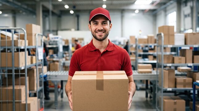 Confident warehouse employee in red cap and polo shirt holding cardboard package, representing delivery service, logistics industry, shipping and distribution center worker portrait.