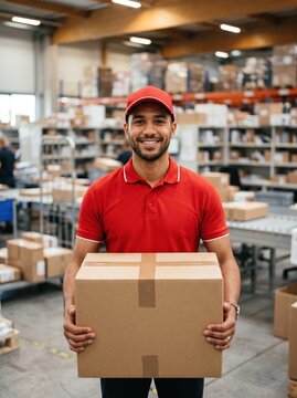 Confident warehouse employee in red cap and polo shirt holding cardboard package, representing delivery service, logistics industry, shipping and distribution center worker portrait.
