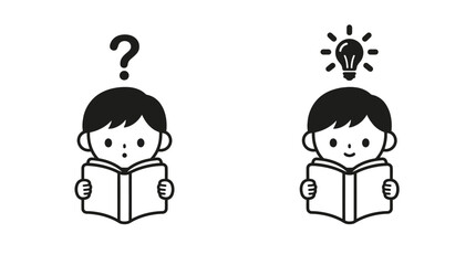 Child reading a book confused then having an idea with a lightbulb illustration