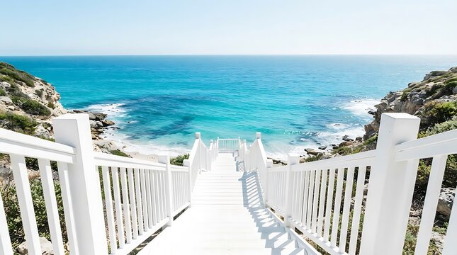 Scenic white staircase leading to breathtaking ocean views. Coastal pathway with turquoise water and rocky cliffs.