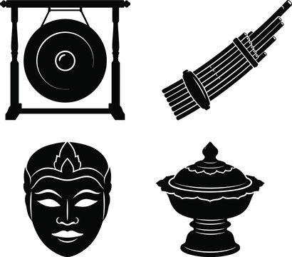 Traditional Asian culture icon set featuring gong, bamboo mouth organ, cultural mask, and ceremonial bowl vector illustration