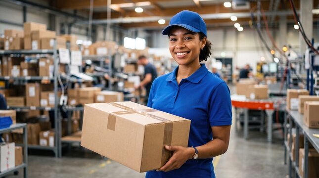 Friendly warehouse employee in blue cap and polo shirt holding cardboard package, representing delivery service, logistics industry, shipping and distribution center worker portrait.