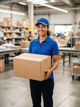 Friendly warehouse employee in blue cap and polo shirt holding cardboard package, representing delivery service, logistics industry, shipping and distribution center worker portrait.
