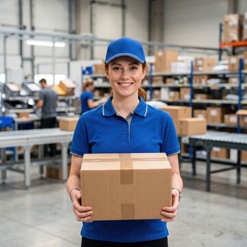Friendly warehouse employee in blue cap and polo shirt holding cardboard package, representing delivery service, logistics industry, shipping and distribution center worker portrait.