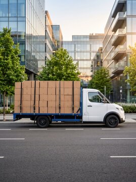 Delivery truck loaded with stacked cardboard boxes secured with straps parked on modern city street, representing shipping, cargo transportation, logistics and delivery service business.
