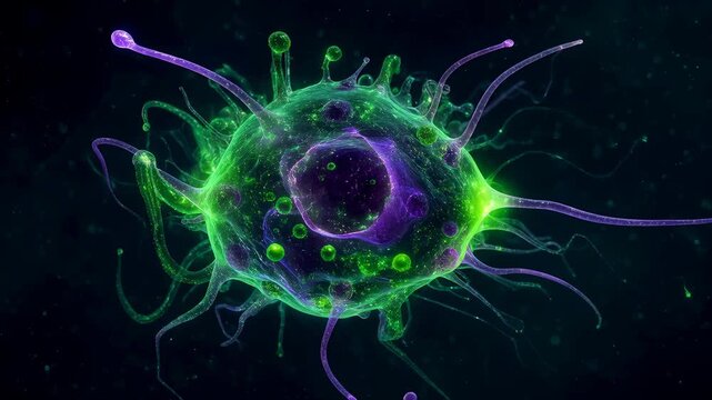 Green and purple microscopic cell and microorganism with tentacle structures floating dark space showing detailed biology science and microscopic