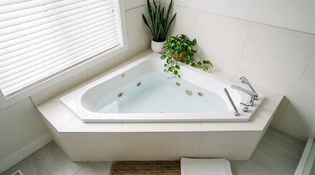 Modern freestanding bathtub filled with relaxing bubble bath. Spa-like soaking tub with decorative plants and soft lighting.