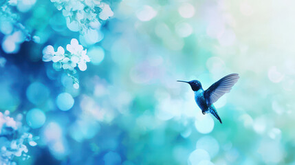 Fototapeta premium Vibrant hummingbird hovers gracefully amidst dreamy blue and green background, surrounded by soft floral elements