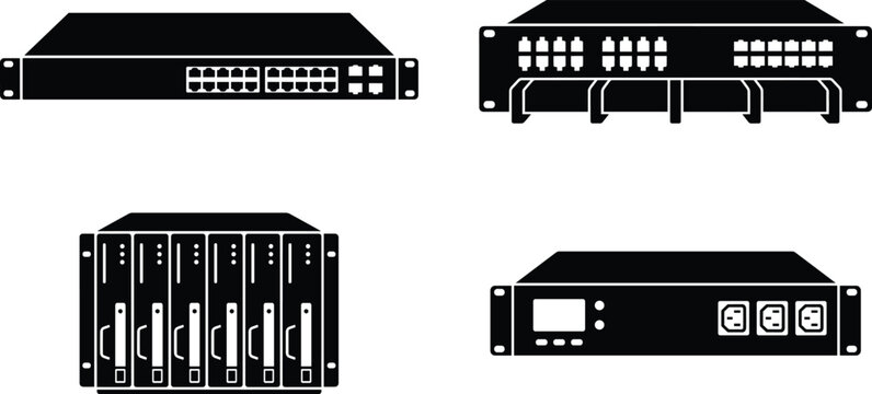 Network Switch and Data Center Rack Server Hardware Vector Icon Set for IT Infrastructure
