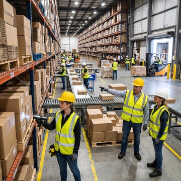 Warehouse workers in safety vests scanning cardboard boxes with barcode scanner inside large distribution center, representing inventory management, logistics and supply chain operations.