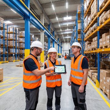 Team of professional warehouse workers in safety vests and helmets discussing logistics route on digital tablet, representing teamwork, supply chain management and distribution industry planning.