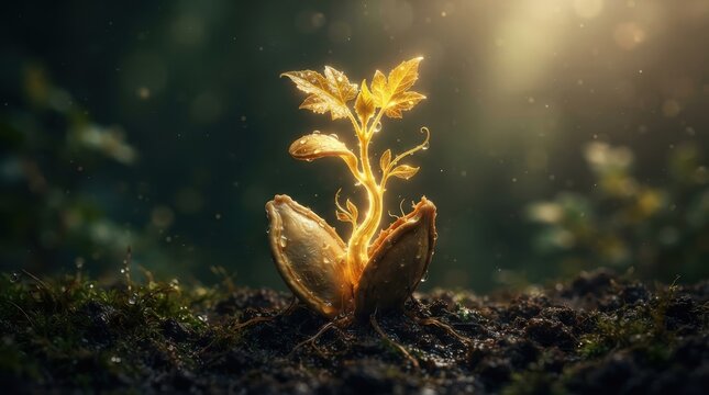 Glowing golden plant seedling growing from soil