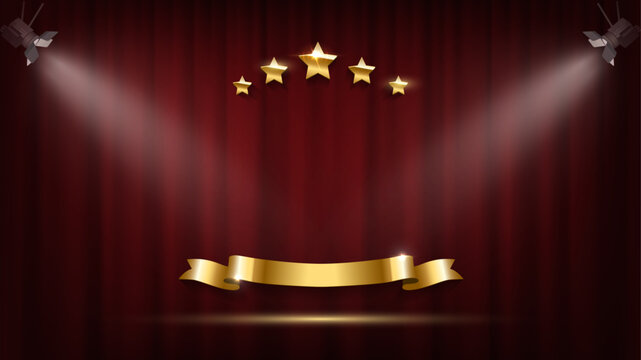 Award prize ceremony background with gold stars and ribbon elements. Prize ceremony stage with spotlights and empty center on dark curtain. Luxury festive vector illustration.