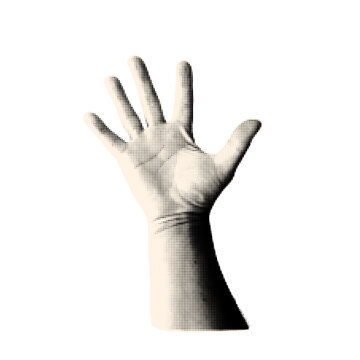 Open palm halftone gesture for collage. Raised hand isolated on white background. Trendy vintage monochrome vector illustration.