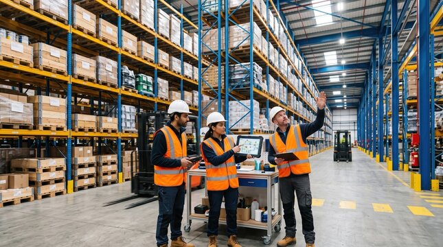 Team of professional warehouse workers in safety vests and helmets discussing logistics route on digital tablet, representing teamwork, supply chain management and distribution industry planning.