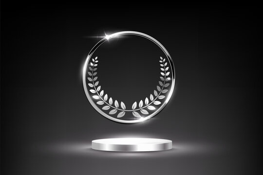 Silver award podium with laurel wreath in glowing round frame on dark background. Luxury template for product presentation, winner ceremony, honors branding. Elegant glamour vector illustration.