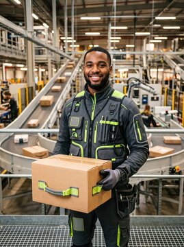 Smiling warehouse employee in safety vest carrying cardboard box near conveyor belt, representing logistics, shipping industry, delivery service and modern distribution center daily workflow.