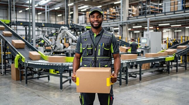 Smiling warehouse employee in safety vest carrying cardboard box near conveyor belt, representing logistics, shipping industry, delivery service and modern distribution center daily workflow.