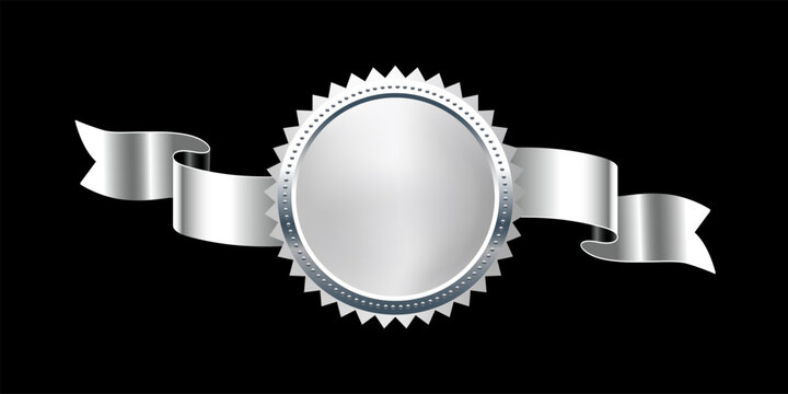 Silver medal with horizontal ribbon. 3d silver award badge isolated on black. Design element for labels, certificates, prizes, winners, discounts, diplomas. Realistic vector illustration.