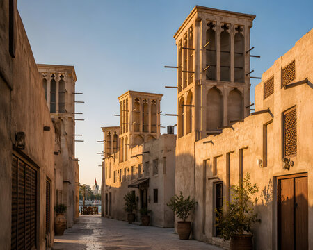 Traditional Arabic wind towers barjeel in Dubai old town, Middle Eastern architecture