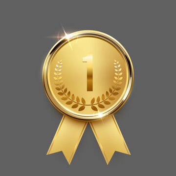 Gold medal. Realistic 3D golden award medal with ribbons, symbolizing first place in sports, competitions, athletic events. Winner emblem, diploma, certificate. Elegant vector illustration.