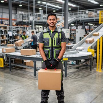 Smiling warehouse employee in safety vest carrying cardboard box near conveyor belt, representing logistics, shipping industry, delivery service and modern distribution center daily workflow.