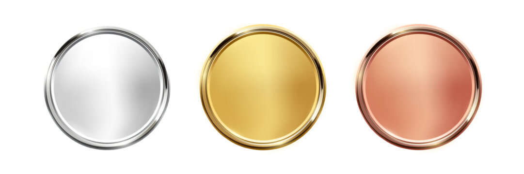 Gold, silver, bronze medals. Realistic 3D metallic round award medals , symbolizing first, second, third place in sports, competitions, athletic events. Winner emblems. Vector illustrations set.