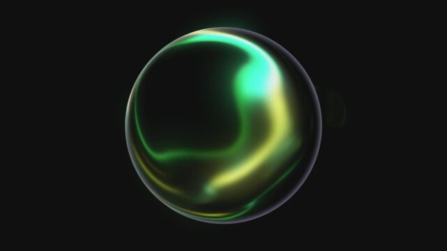 Green yellow glass sphere glows with swirling energy. Toxic neon orb pulses on black background. Abstract futuristic plasma ball, seamless loop.