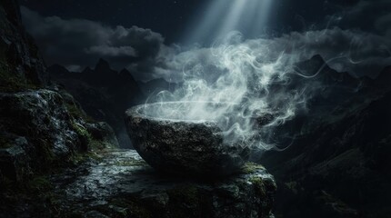 Fototapeta premium Steaming stone bowl on mountain cliff at night