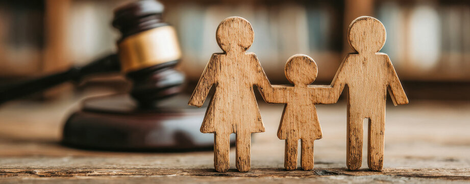 Family figures holding hands with a gavel in the background in a legal setting