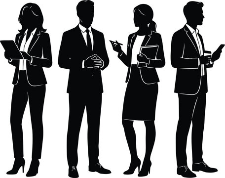 Four professional business people holding digital tablets and documents standing together