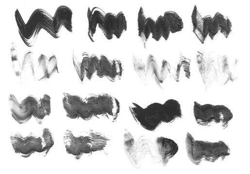 Set abstract painted watercolor brush strokes, grunge wavy lines isolated on white background