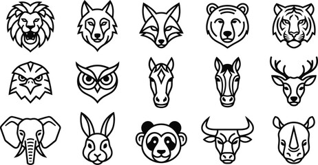 Fototapeta premium Set of fifteen wild animal head icons featuring lion wolf fox bear tiger eagle owl and others
