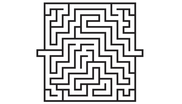 Challenging square labyrinth maze puzzle in solid black outline with entrance and exit paths on white background.