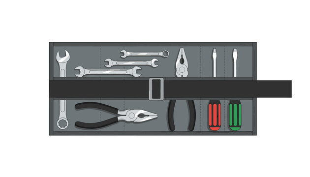 Organized tool roll kit containing several open end wrenches, heavy duty pliers, and green and red screwdrivers.
